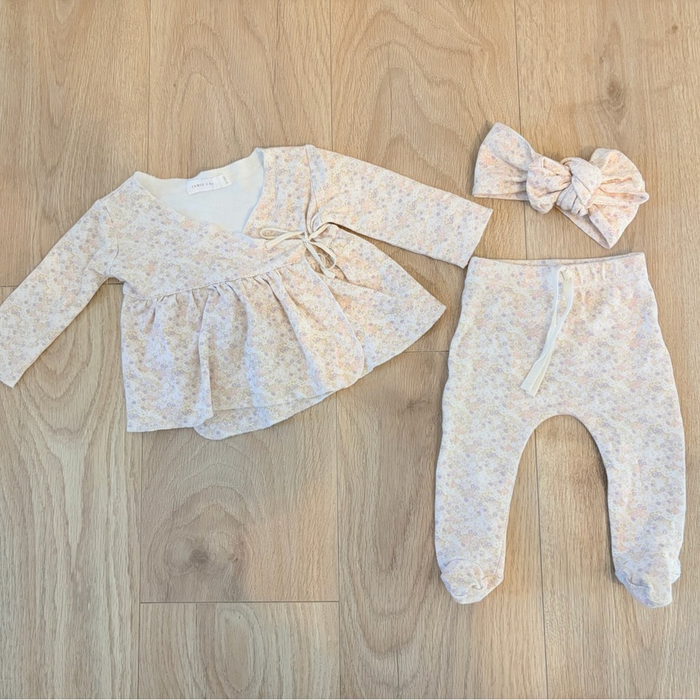 Jamie Kay Baby Floral Wrap Top, Footed Pants & Bow Headband - Posie Pattern